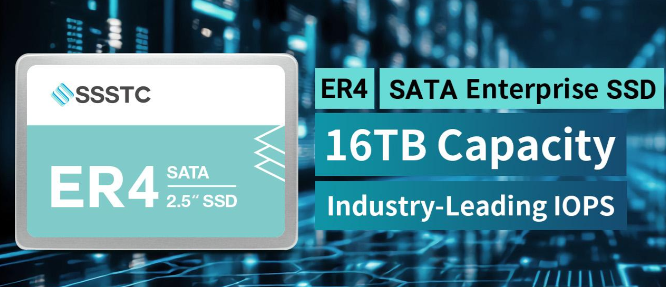 The image shows an SSSTC ER4 SATA 2.5 SSD featuring '16TB Capacity' and 'Industry-Leading IOPS' with a digital background.