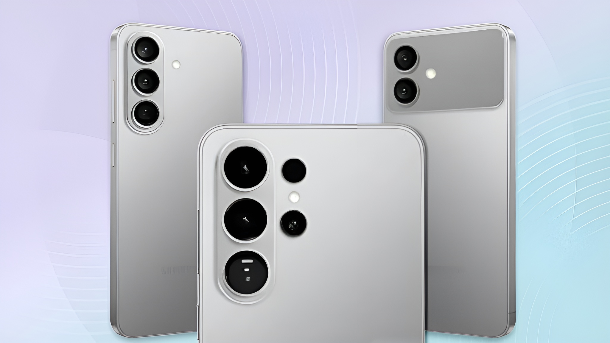 Three Samsung Galaxy S23 smartphones displaying their rear cameras against a pastel background.