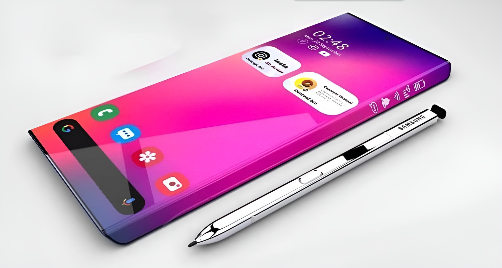 Samsung Galaxy smartphone concept with stylus on table, showing apps and widgets on screen with “02:48 Monday, 16 September” displayed.