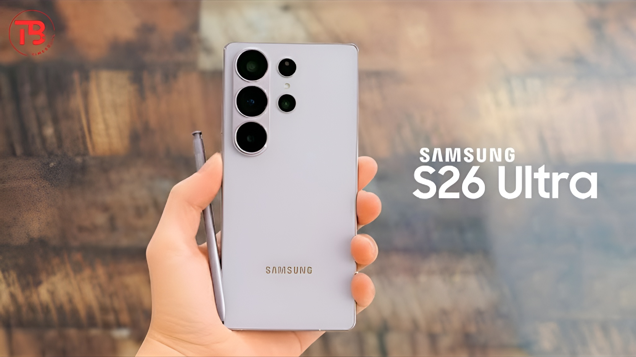 A hand holding a Samsung S26 Ultra smartphone with multiple rear cameras, alongside the text 'SAMSUNG S26 Ultra' on the right.