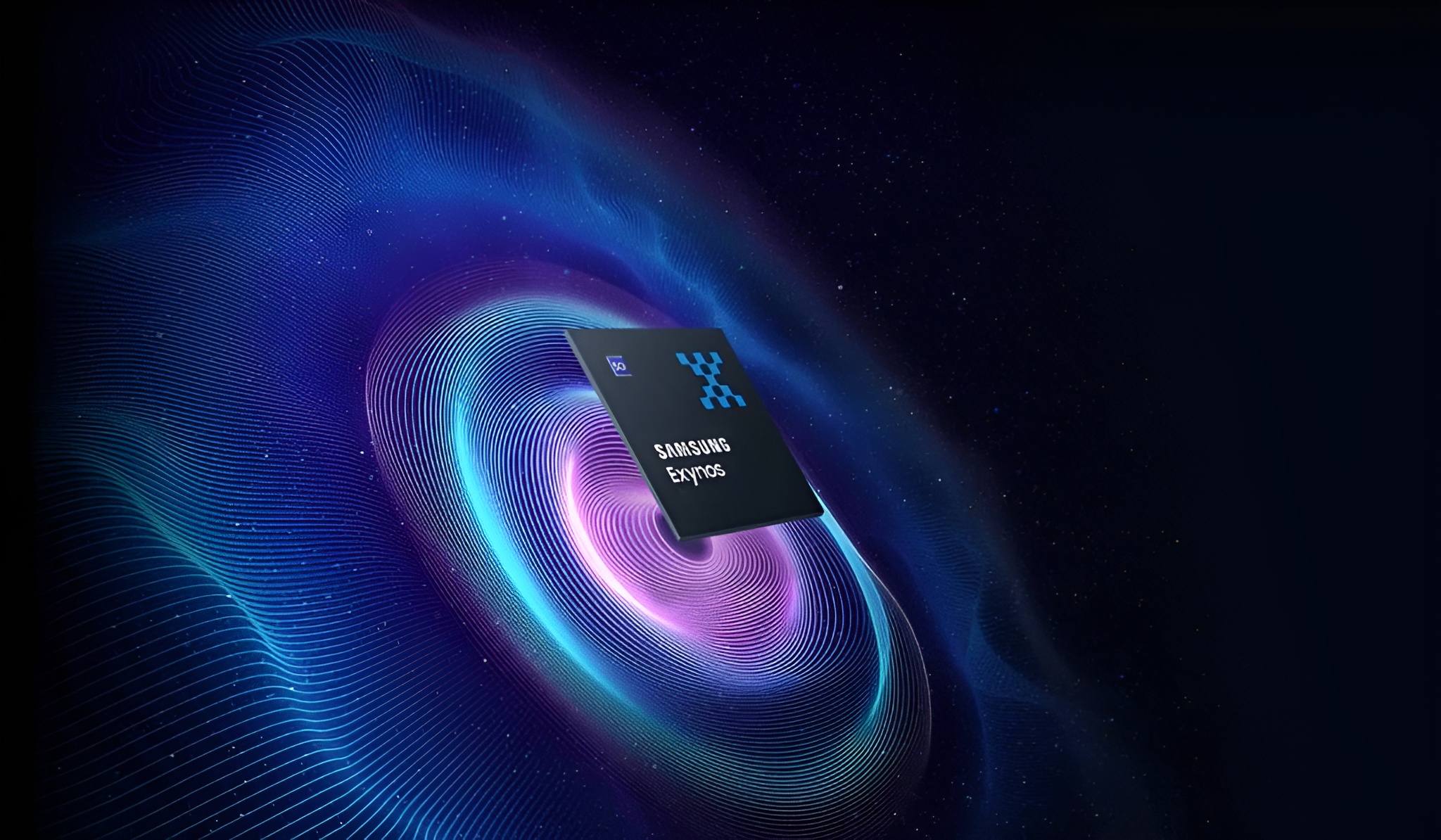 A Samsung Exynos processor is displayed against a swirling blue and purple digital background.