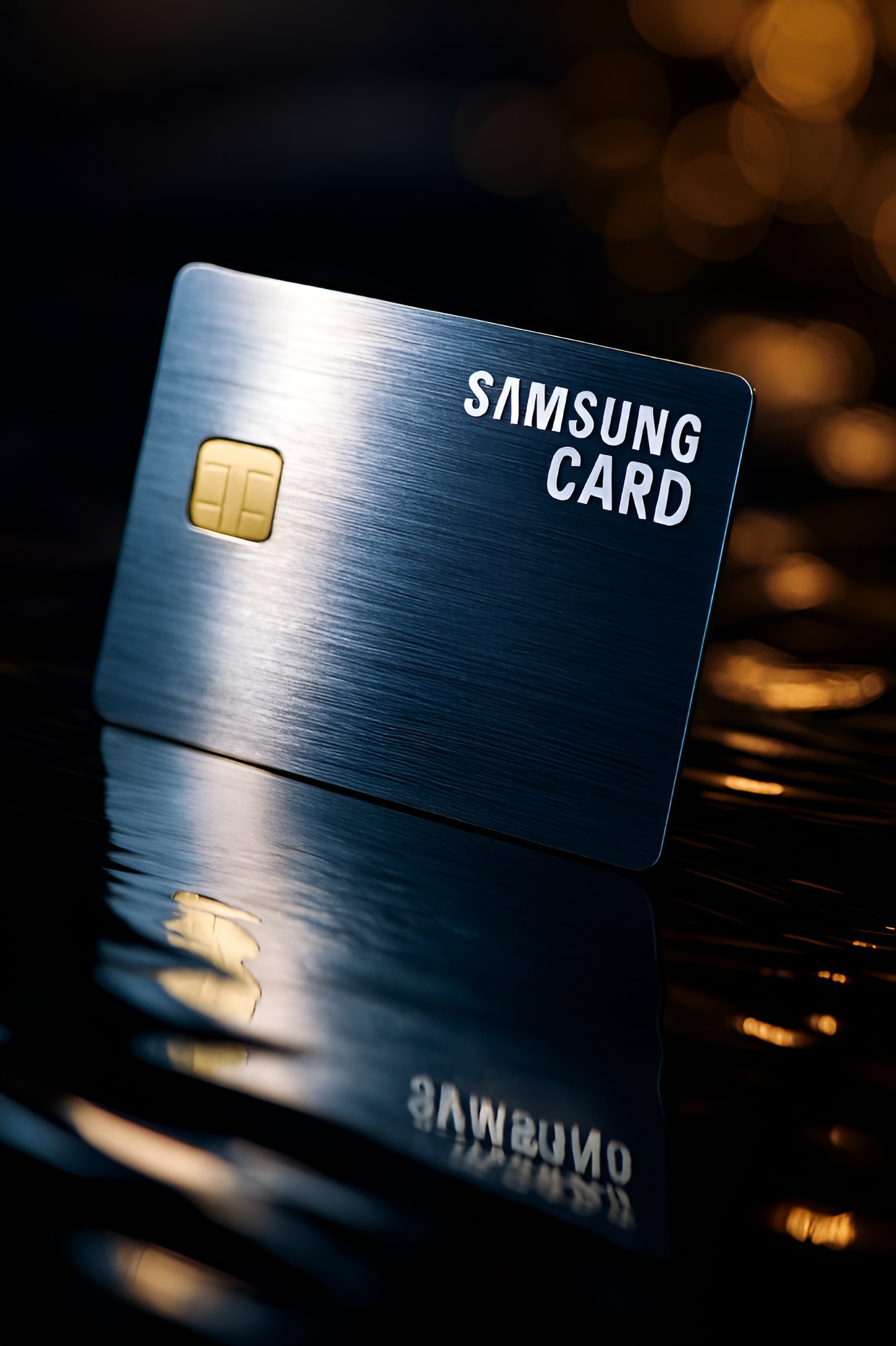 A close-up of a metallic card with 'SAMSUNG CARD' text displayed prominently alongside a gold chip.