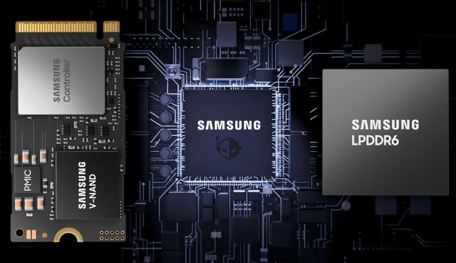 Samsung V-NAND and LPDDR6 chips on a circuit board with text SAMSUNG Controller.