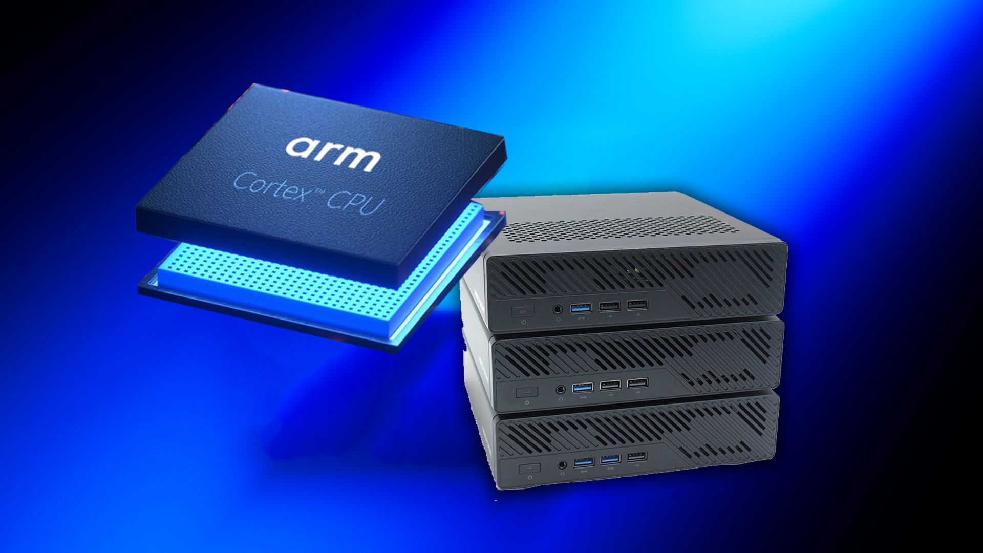 Arm Cortex CPU alongside stacked mini PCs, blue background.