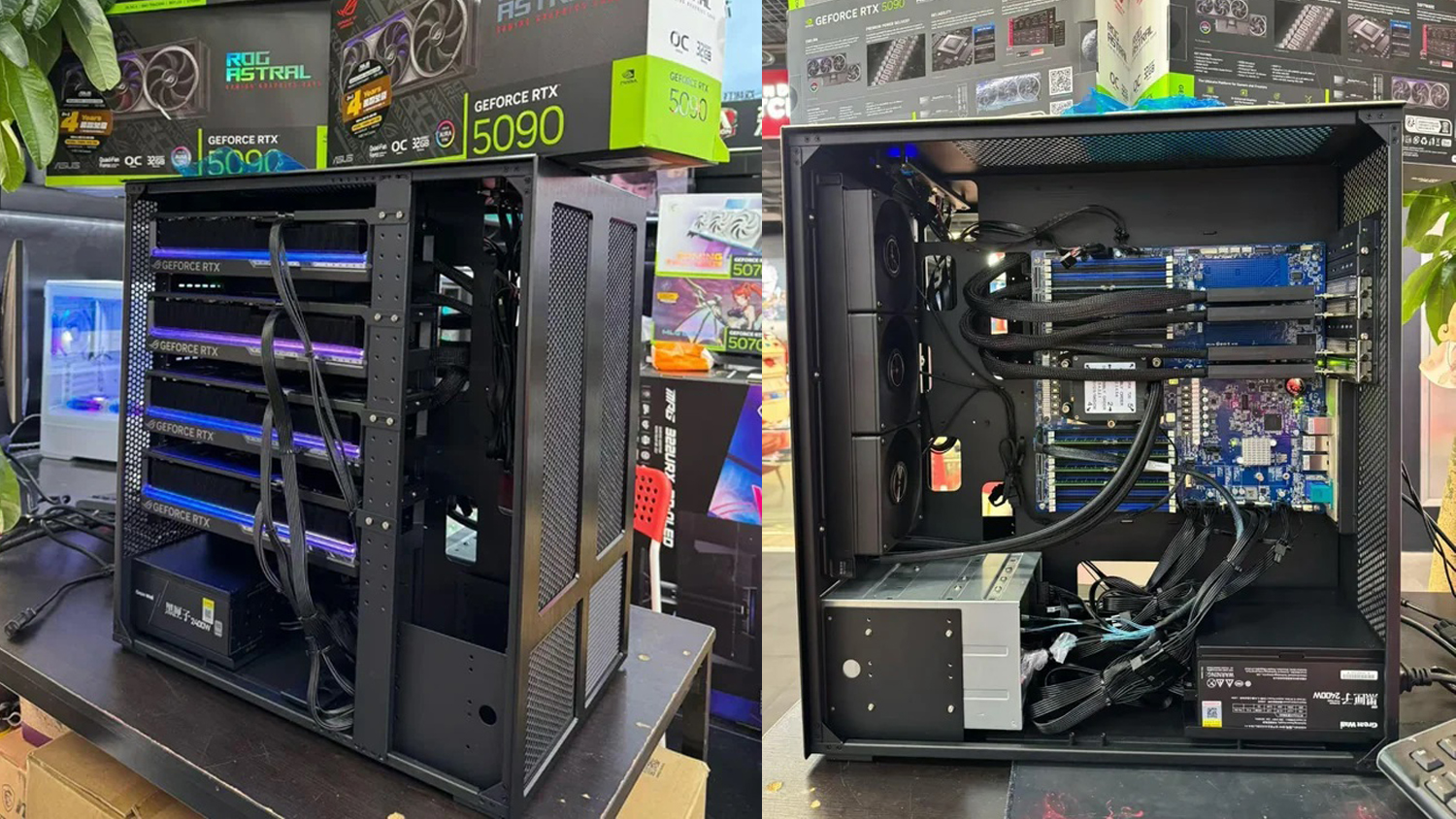 Multiple ASUS ROG Astral GeForce RTX 5090 graphics cards installed in a computer case with visible packaging in the background.
