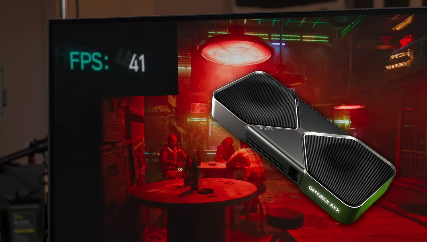 A GeForce RTX 5090 graphics card is overlaid on a gaming scene showing 'FPS: 41'.