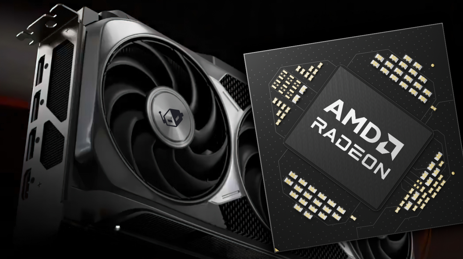 A large cooling fan and an AMD Radeon chip are prominently displayed, showcasing the hardware design.