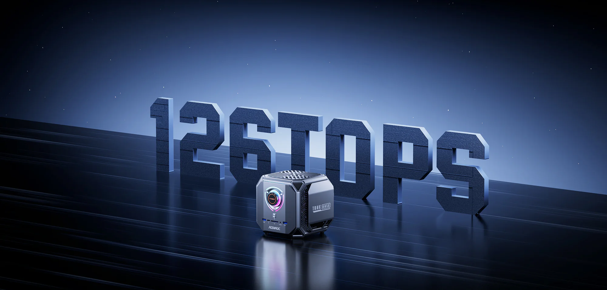 A geometric cube-shaped device labeled Tank Center by AceMagic is placed in front of large 3D letters reading '126TOPS' on a futuristic background.