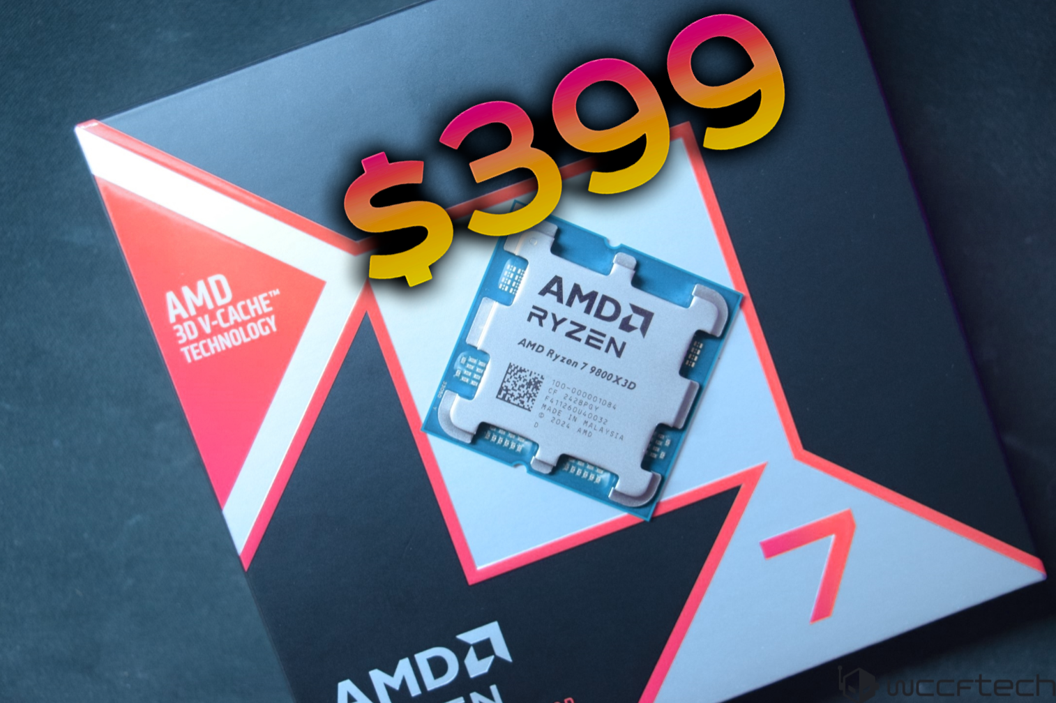 The image shows an AMD Ryzen 7 7800X3D processor with 'AMD 3D V-Cache Technology' labeled on the packaging and a price tag of '$399.'