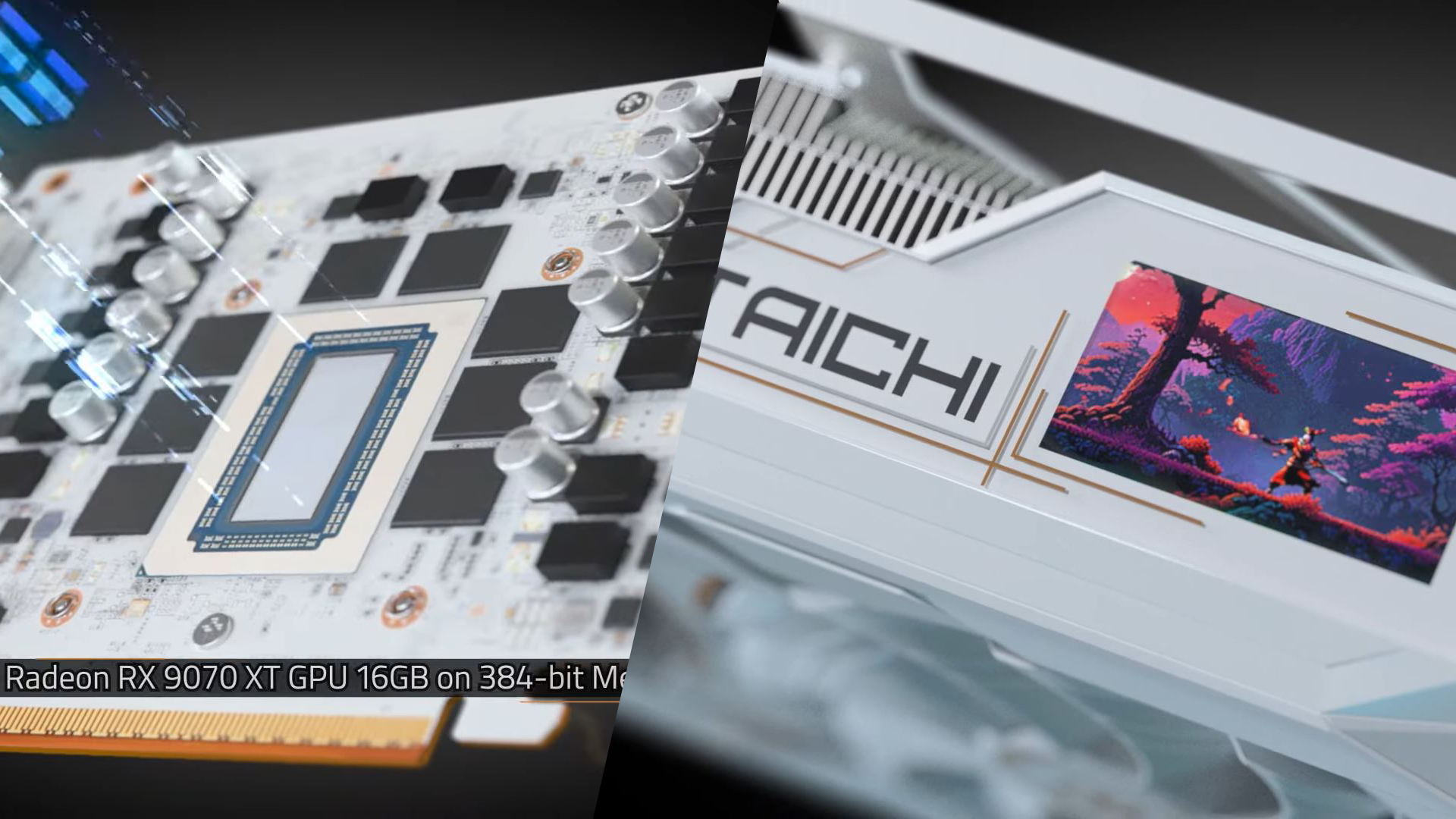 The image shows an ASRock Taichi graphics card with a visible Radeon RX 9070 XT GPU and an artwork display on its side.