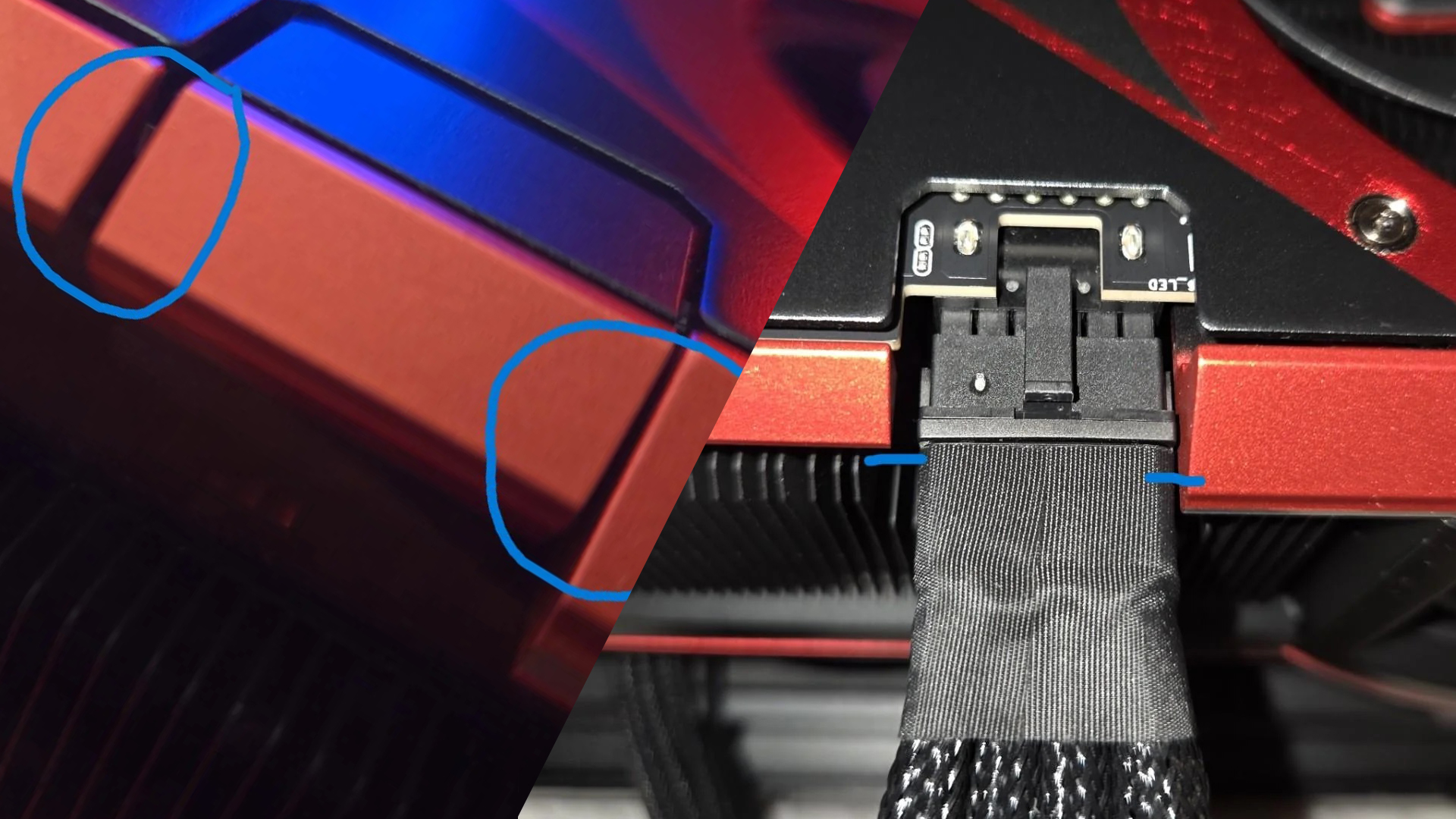 A close-up image shows a red GPU with blue circle annotations highlighting its edges and a connector labeled LED with an attached cable.