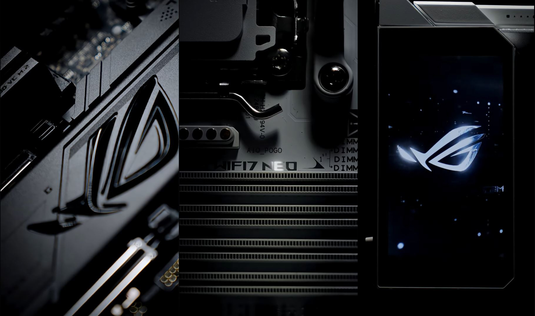 Three close-up images showing the ASUS ROG logo, an ASUS Wi-Fi 7 NEO motherboard section, and a display screen featuring the ROG emblem.