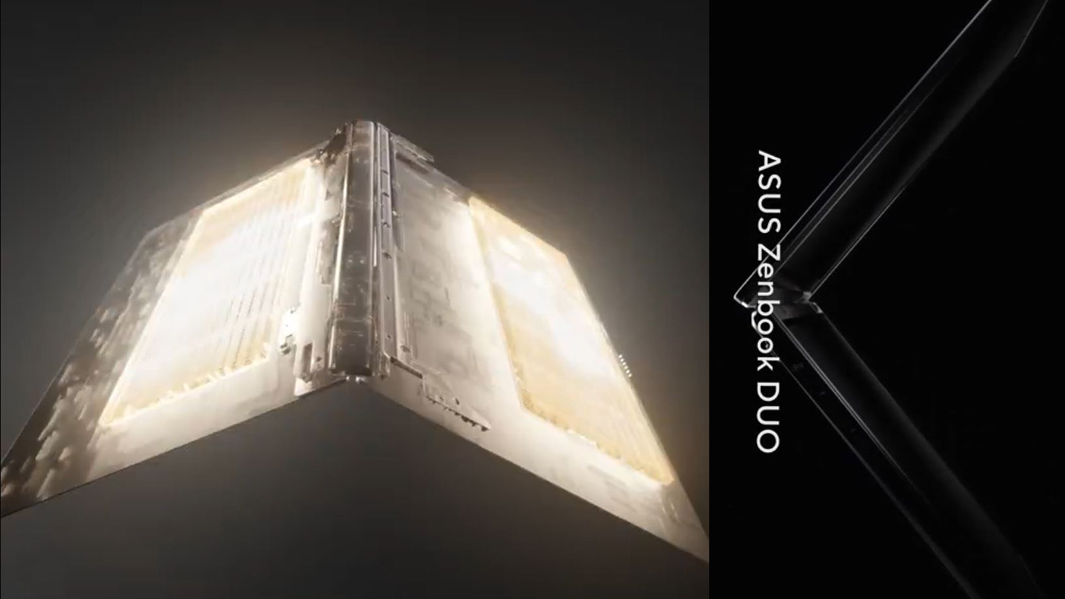 An ASUS Zenbook DUO is shown partially open with a glowing interior and the brand name 'ASUS Zenbook DUO' vertically displayed.