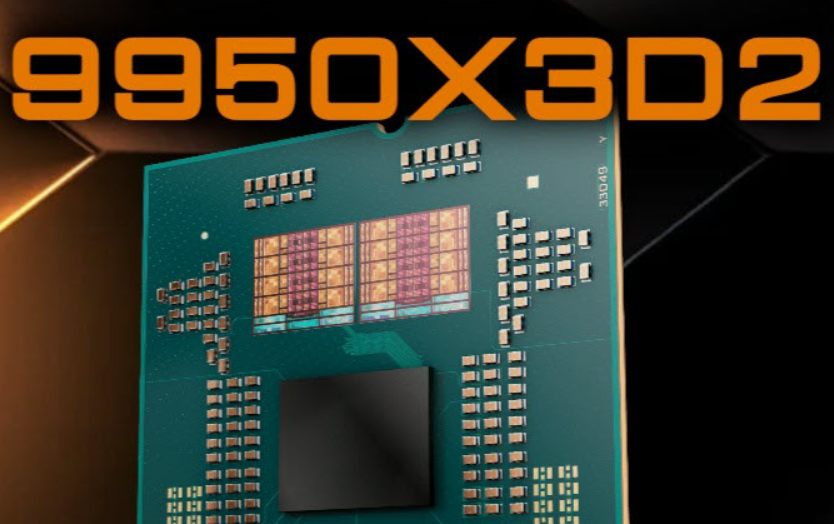 A close-up of a computer chip labeled '9950X3D2' with detailed surface components.