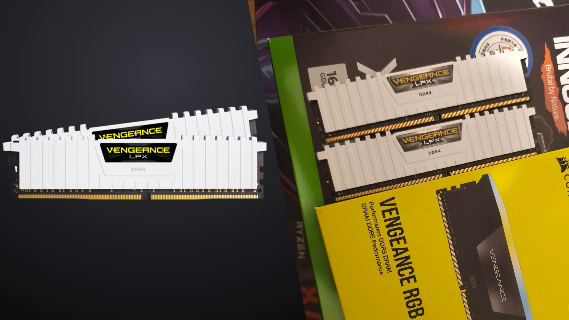 Two Corsair Vengeance LPX DDR4 RAM sticks in white are displayed next to a yellow Corsair Vengeance RGB DDR5 package.