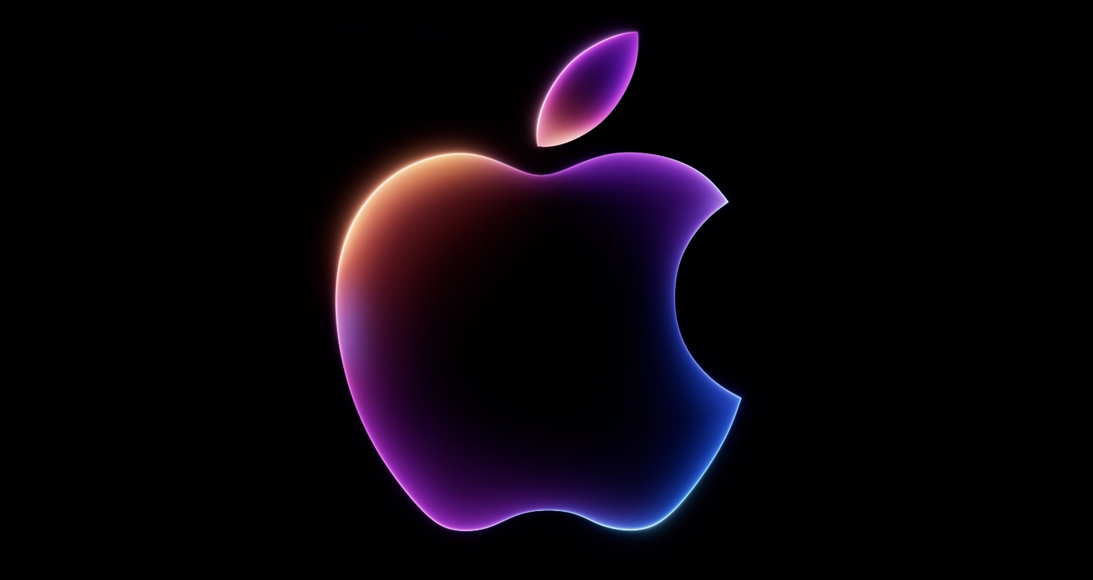A glowing Apple logo on a black background displaying a gradient of purple, pink, and orange hues.
