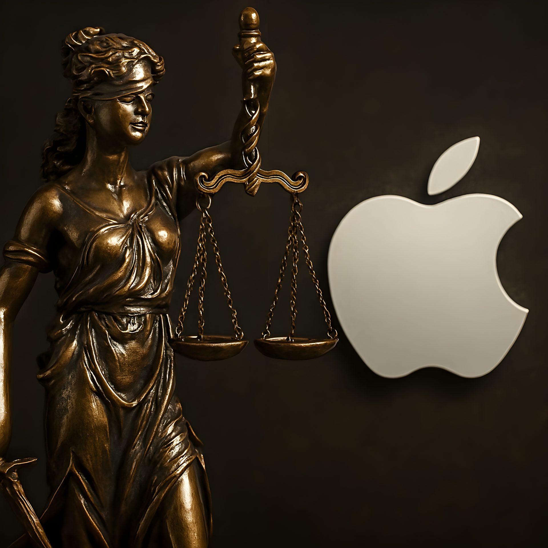 A bronze statue of Lady Justice stands next to a large Apple logo on a dark background.