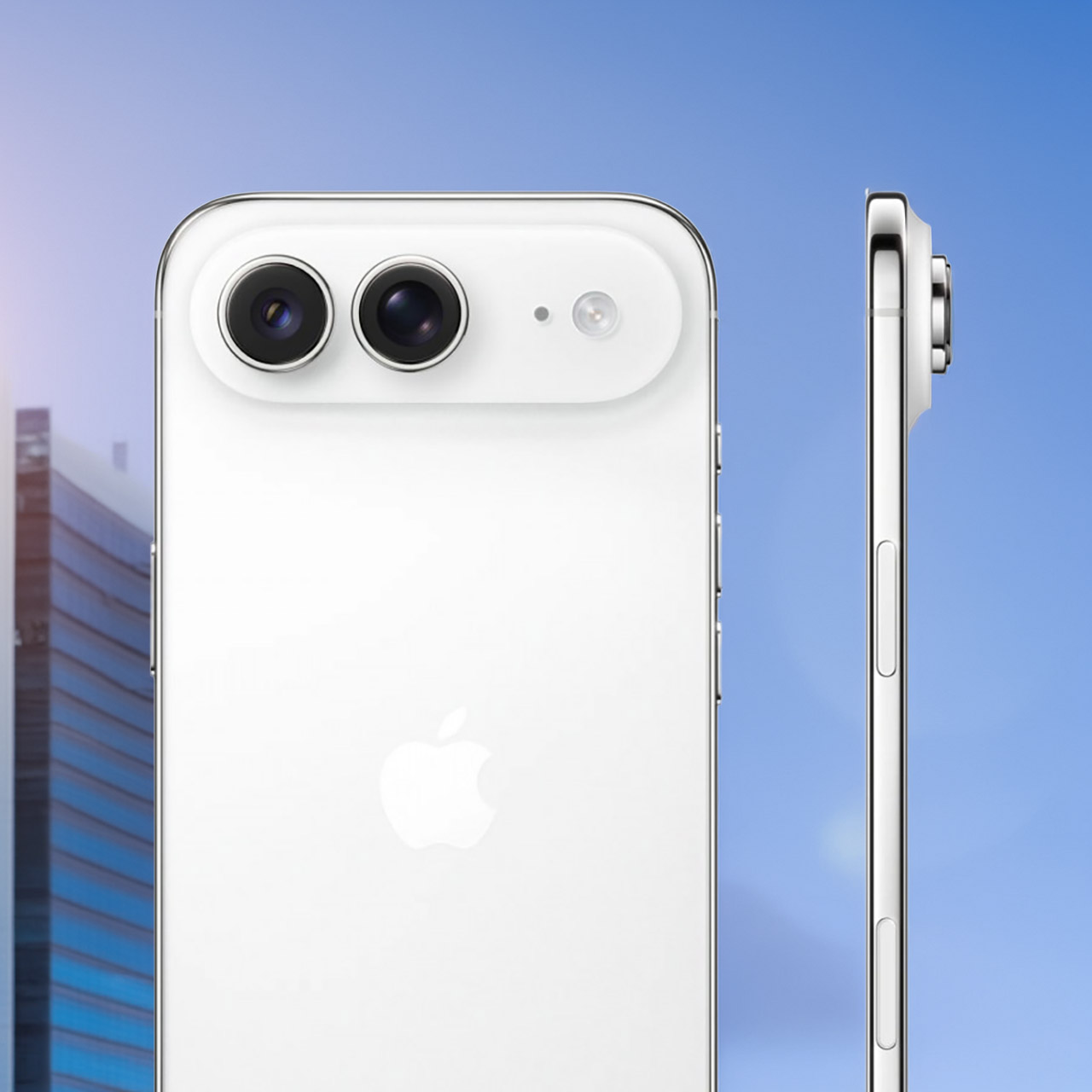 The image shows a white Apple iPhone with dual rear cameras against a blue sky background.