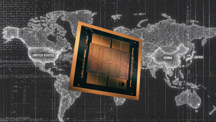An NVIDIA chip is displayed against a world map labeled with 'United States,' 'China,' and 'Japan,' featuring circuit patterns across the continents.