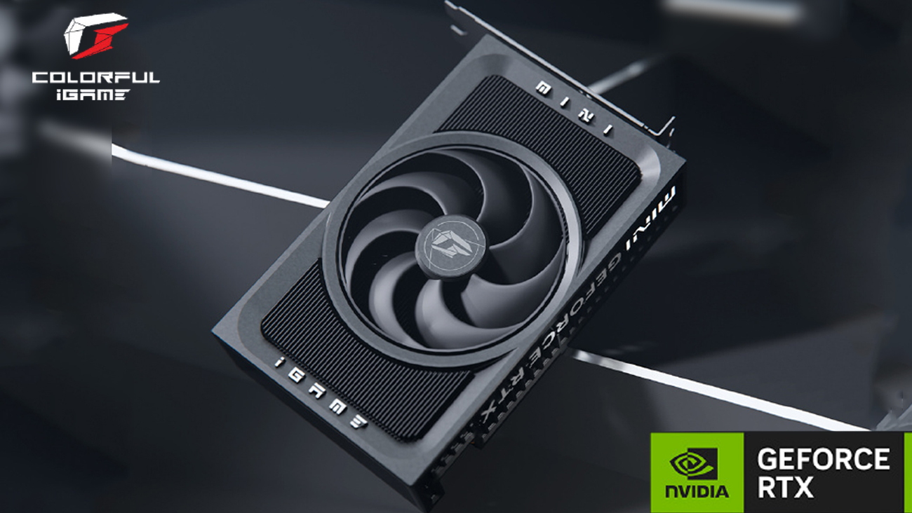 The image shows the Colorful iGame GeForce RTX MINI graphics card with a visible NVIDIA logo and the text 'GEFORCE RTX' on the bottom right.