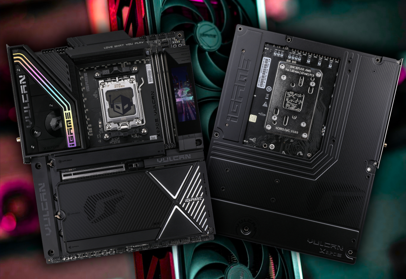 The image shows two Colorful iGame Vulcan X570 motherboards, one displaying the AMD Ryzen processor socket and RGB lighting, with the other showing the backplate.