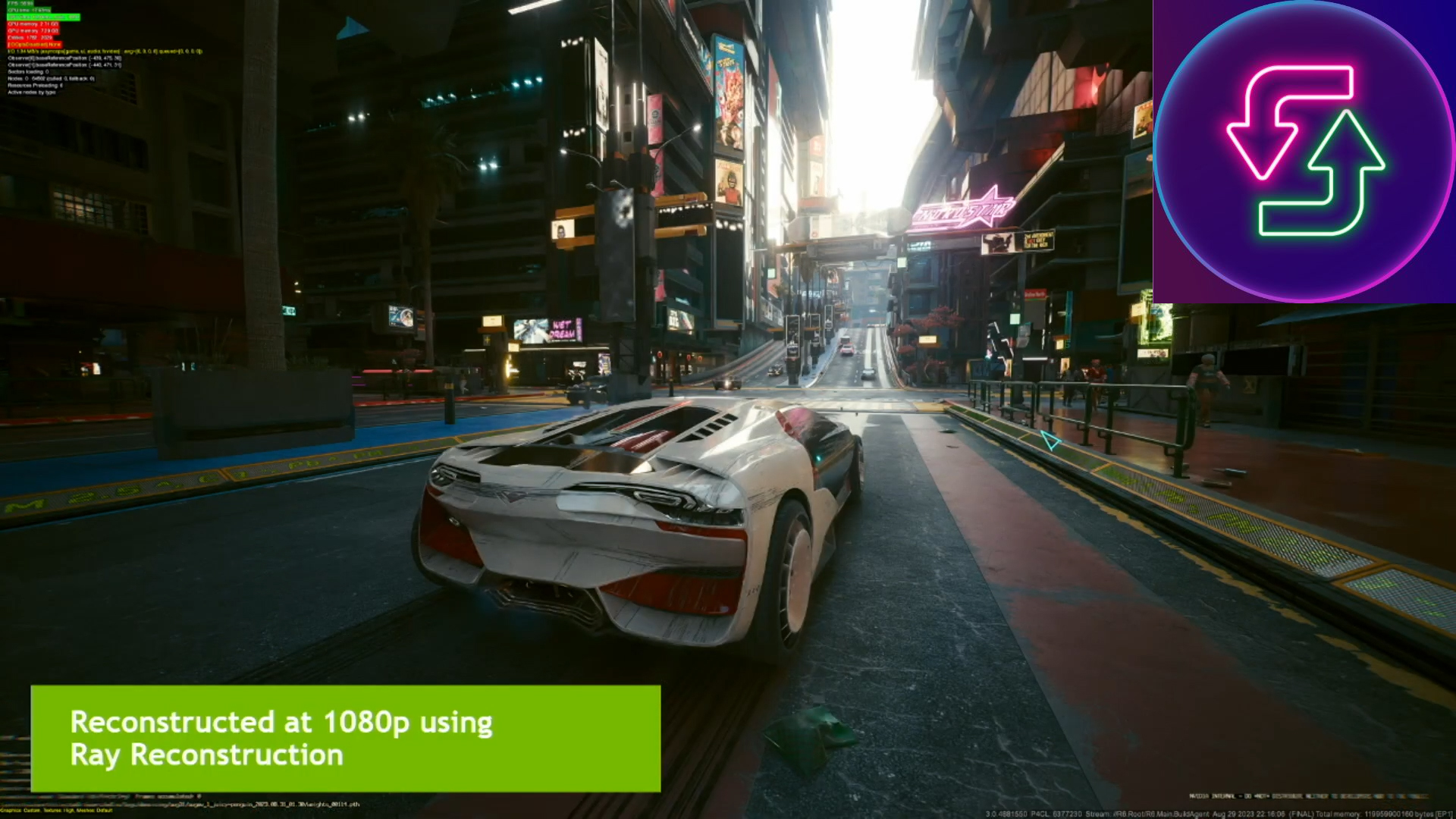 A sports car driving through a futuristic cityscape in the game 'Cyberpunk 2077' with a green overlay stating 'Reconstructed at 1080p using Ray Reconstruction'.
