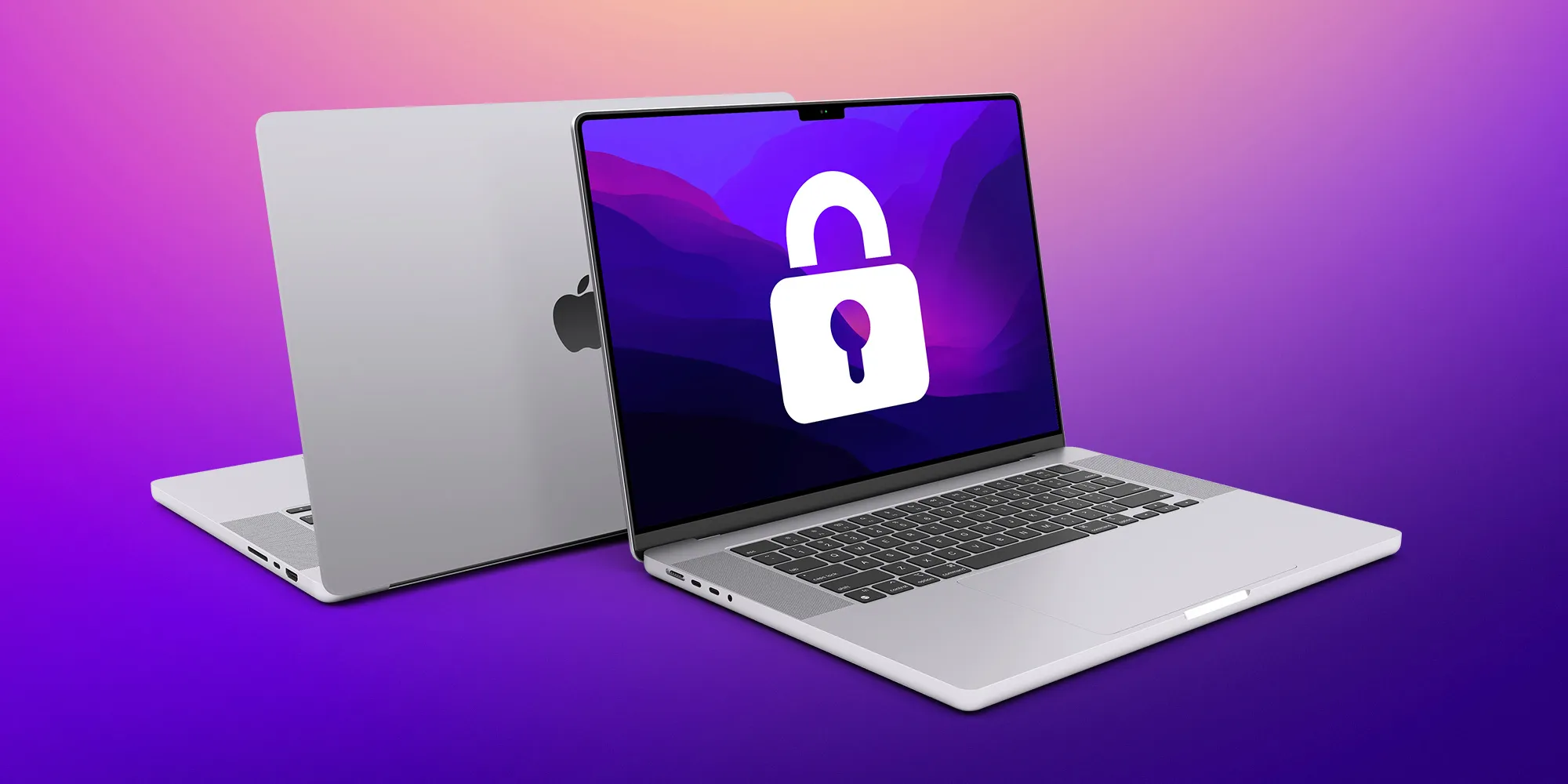 A MacBook laptop displaying a large padlock icon on the screen against a purple background, with another MacBook partially visible behind it.