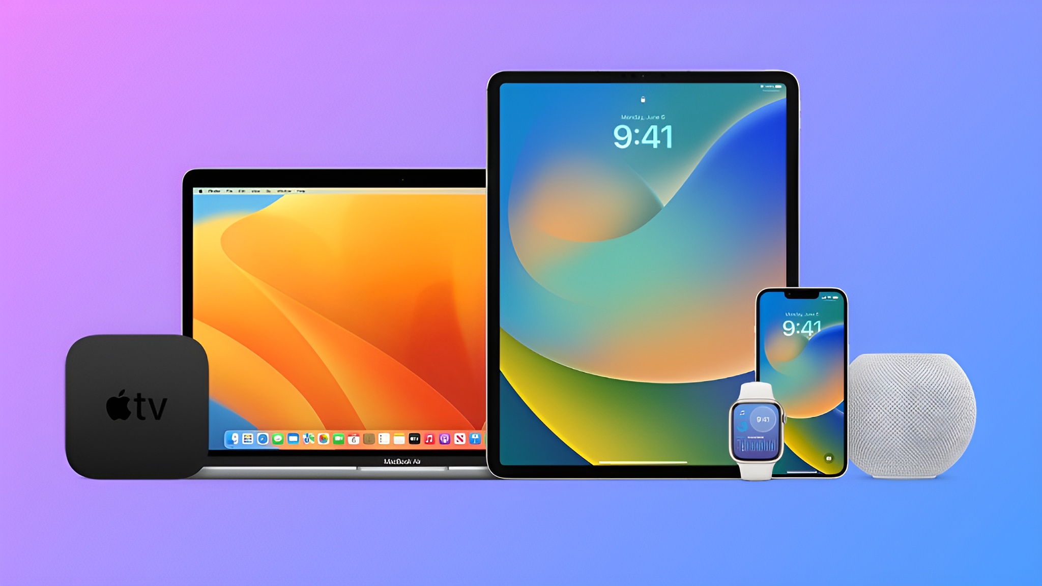 A lineup of Apple products including a MacBook Air, iPad, iPhone, Apple Watch, Apple TV, and HomePod Mini displayed against a gradient background.