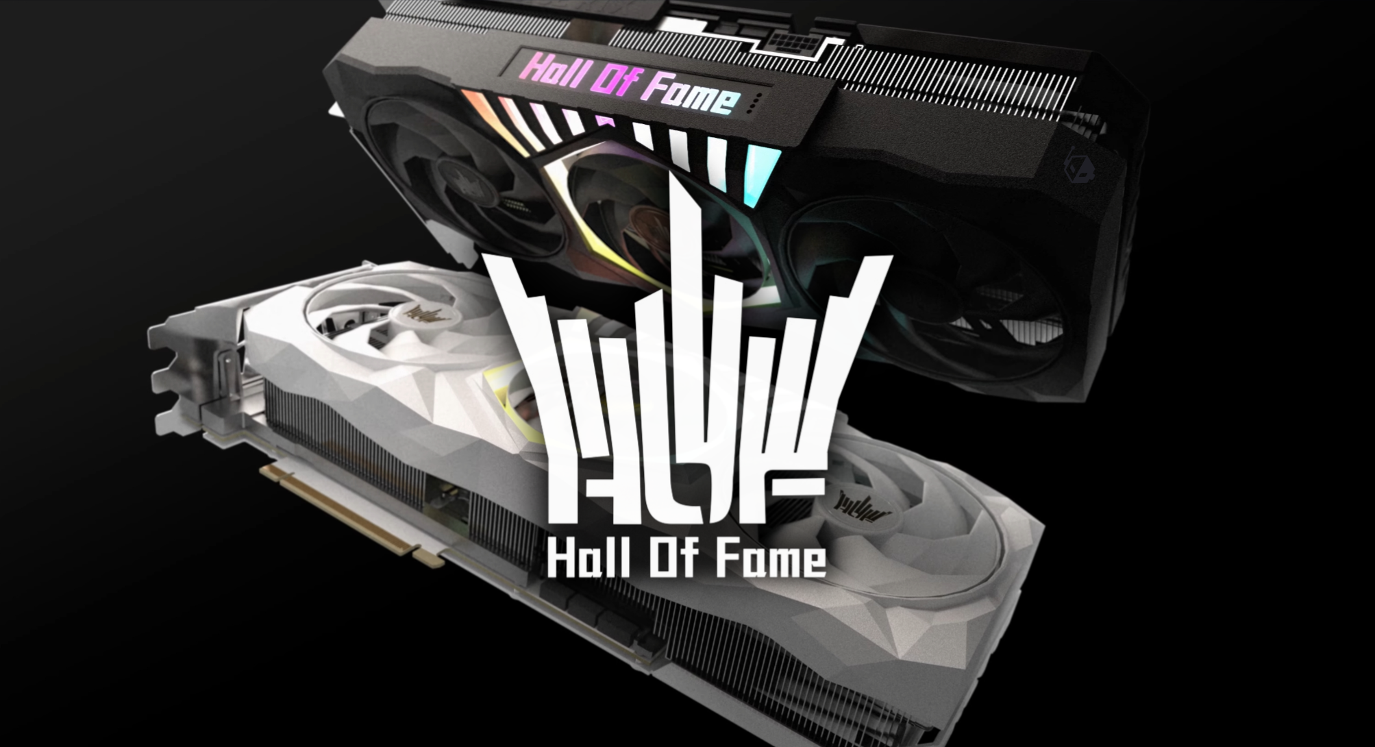 Two GALAX Hall of Fame graphics cards, one black and one white, displayed with a glowing 'Hall Of Fame' logo.