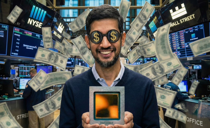 A person wearing glasses with dollar signs stands at the NYSE, holding an Ironwood chip, surrounded by floating money.