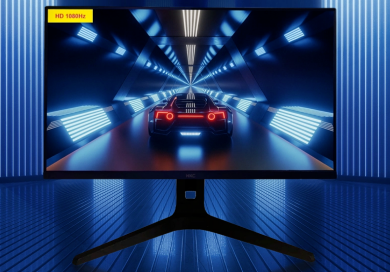 An HKC monitor displays a futuristic racing game scene with on-screen text 'HD 1080Hz' in the top left corner.