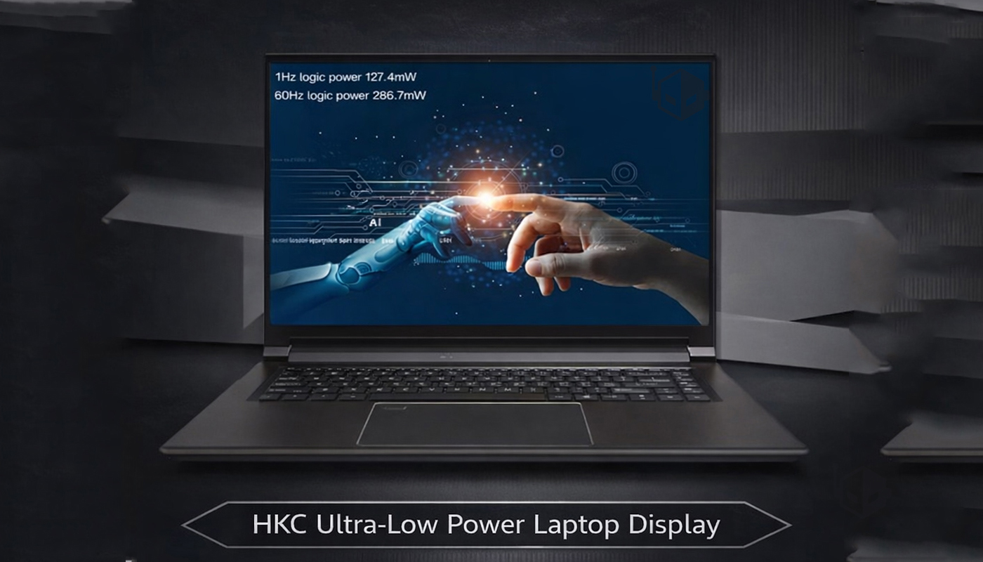 A laptop with 'HKC Ultra-Low Power Laptop Display' features a screen showing a robotic and human hand reaching towards each other with tech-themed graphics and text stating '1Hz logic power 127.4mW' and '60Hz logic power 286.7mW'.