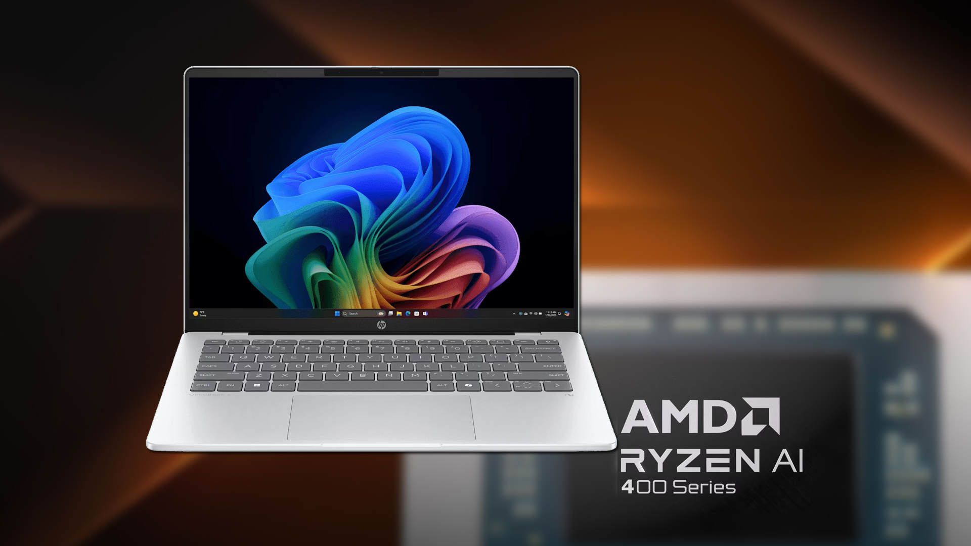 An HP laptop displays a colorful abstract wallpaper, with a blurred background showing 'AMD Ryzen AI 400 Series'.