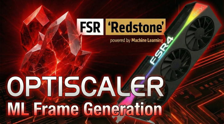 A promotional image shows the XFX Radeon graphics card with 'FSR4' lighting and text highlighting 'FSR Redstone' powered by machine learning and 'OPTISCALER ML Frame Generation.'