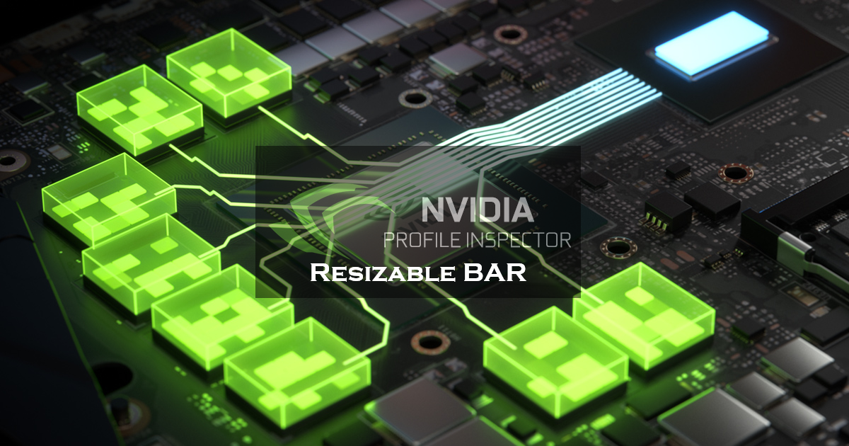 A computer motherboard highlighted with green graphics and overlaid text displaying 'NVIDIA Profile Inspector' and 'Resizable BAR'.