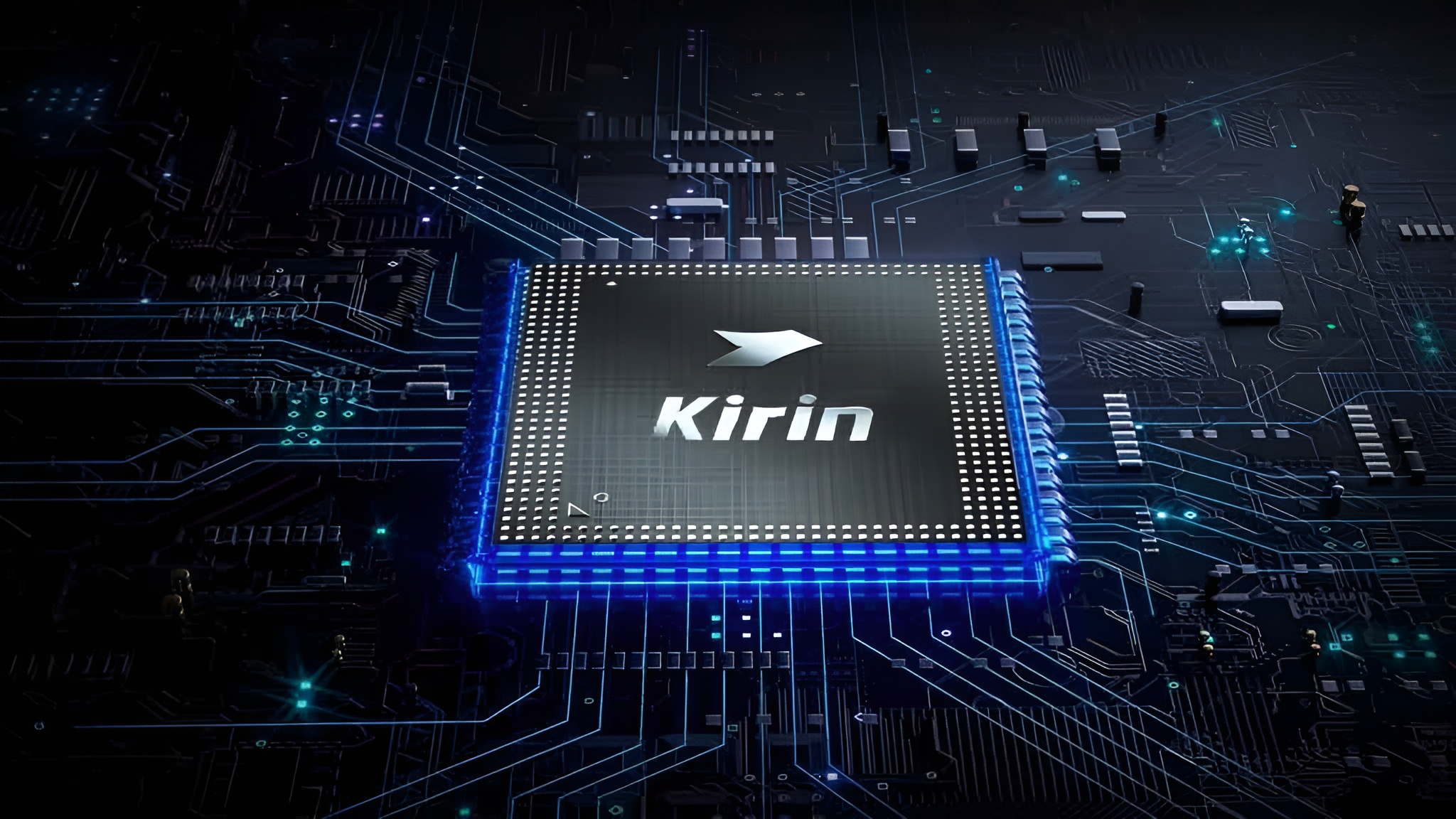 A Huawei Kirin chip is prominently displayed on an illuminated circuit board.