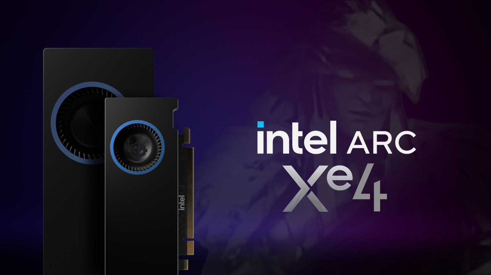Intel Arc Xe4 graphics cards are displayed alongside the 'intel ARC Xe4' logo on a dark background.