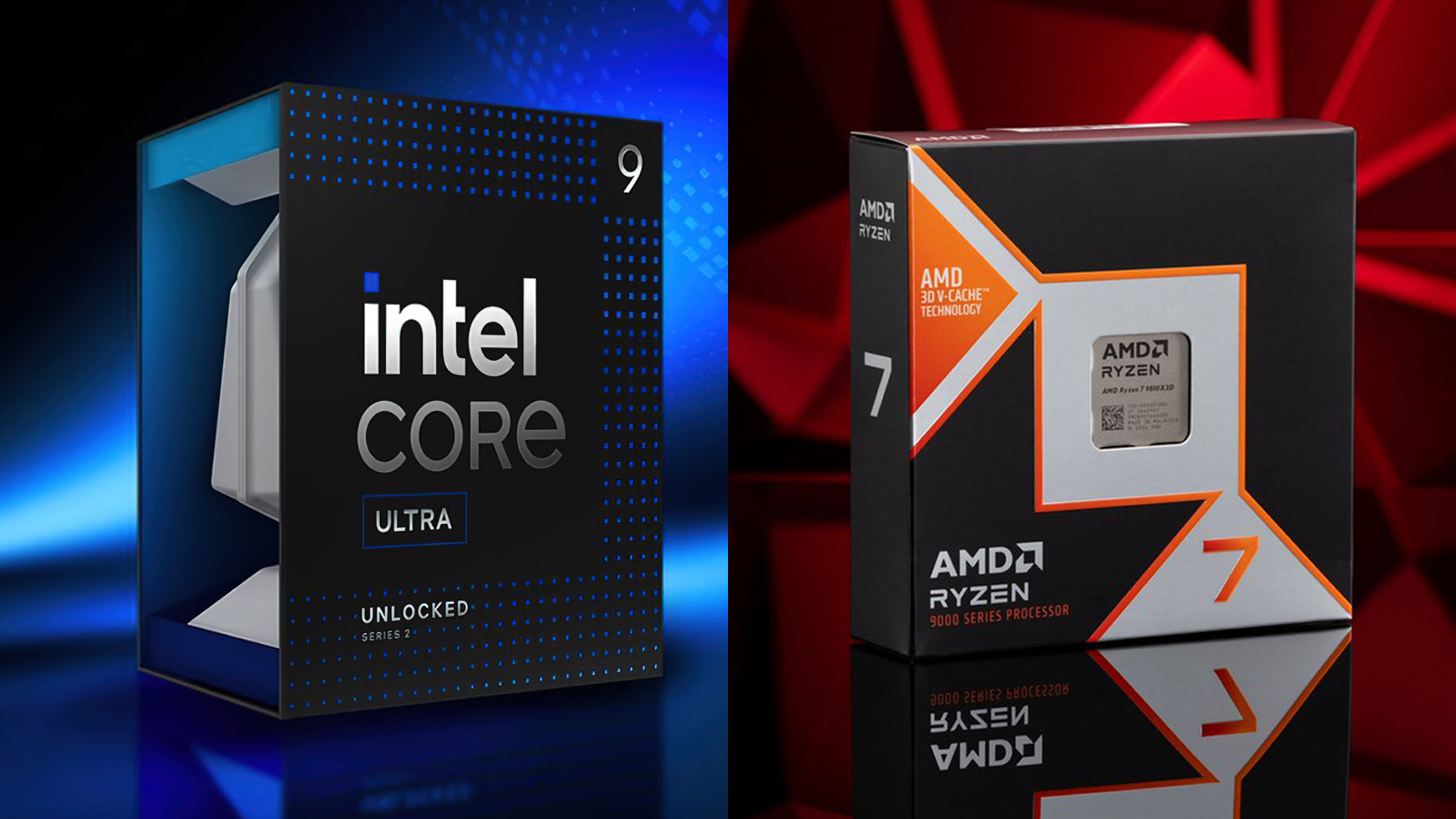 The image shows two processor boxes side by side: an Intel Core Ultra series 9 processor box with 'Unlocked' branding on the left, and an AMD Ryzen 7 7800X3D processor box with 'AMD 3D V-Cache Technology' on the right.