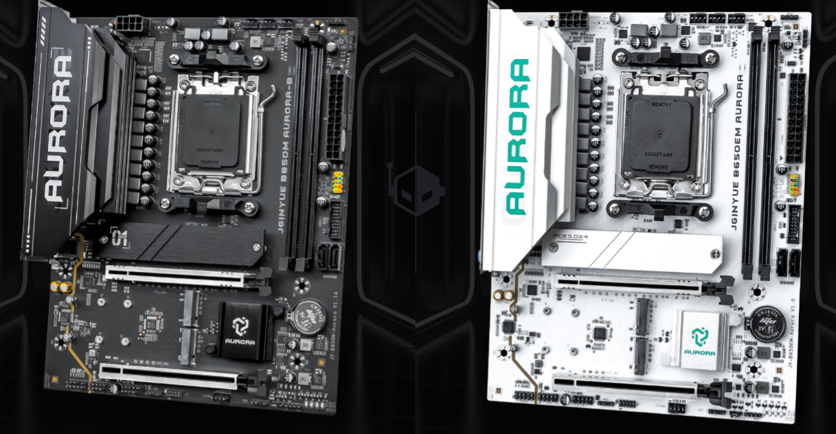 Two JGINYUE B650M AURORA motherboards are shown, one in black and the other in white, featuring 'SOCKET AM5' slots and 'PCIe 5.0 x4' expansion slots.