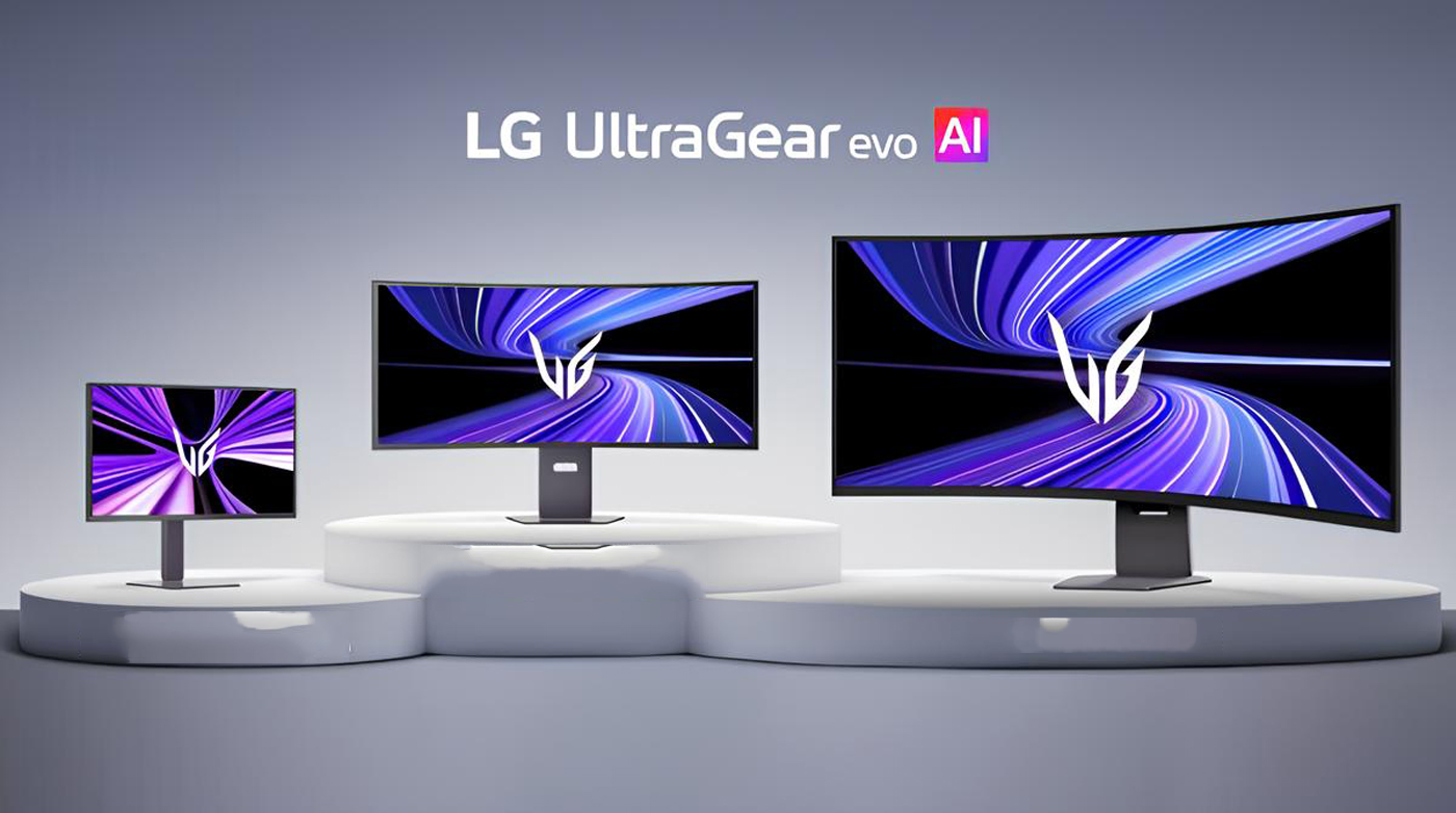 Three LG UltraGear evo AI monitors of varying sizes are displayed on a platform, each showing a purple abstract pattern with the UltraGear logo.
