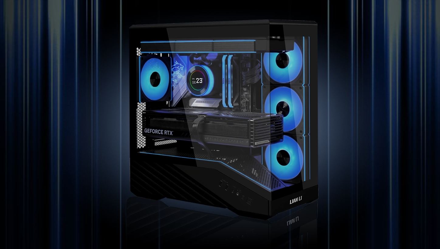 A gaming PC with blue LED fans, a 'GEFORCE RTX' graphics card, and a CPU cooler display reading '23° C,' housed in a Lian Li case.