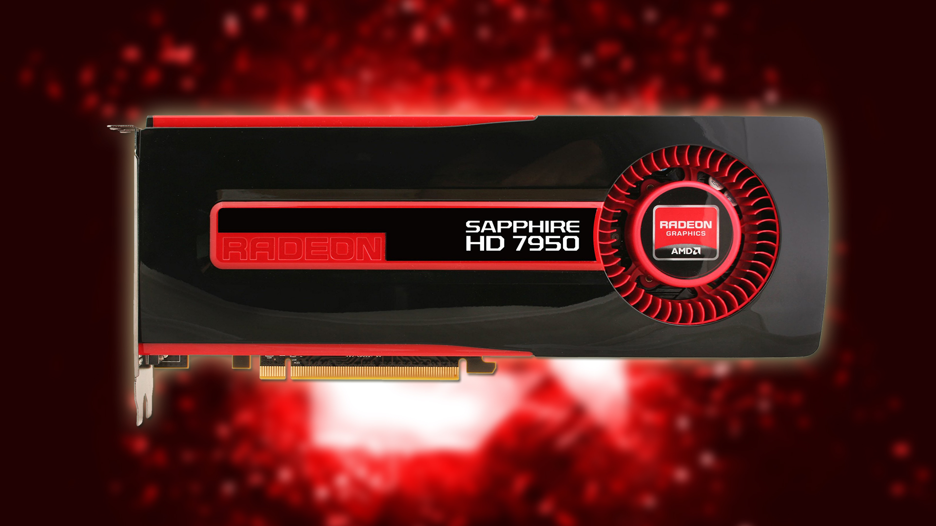 A Sapphire Radeon HD 7950 graphics card with visible branding on a red and black background.