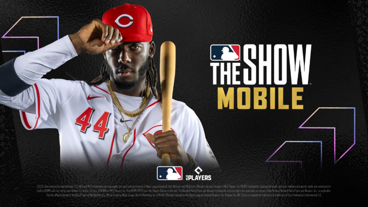 A baseball player wearing a red Cincinnati Reds cap and jersey with number 44 holds a bat next to the 'MLB The Show Mobile' logo.