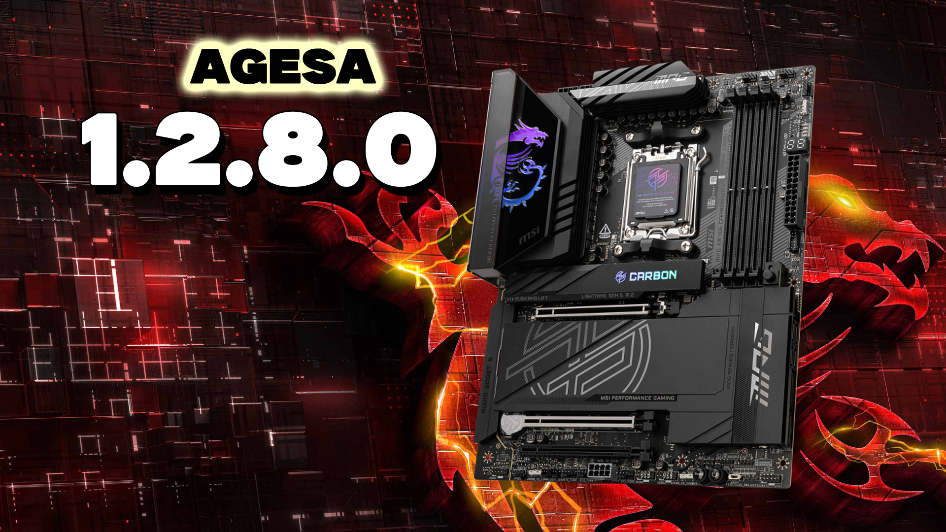 The MSI MPG Z790 Carbon WiFi motherboard is displayed on a red and black abstract background with the text 'AGESA 1.2.8.0' prominently featured.