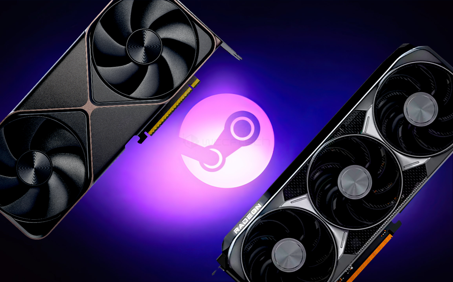 Two graphics cards, one NVIDIA and one AMD Radeon, are angled towards each other with the Steam logo in the background.