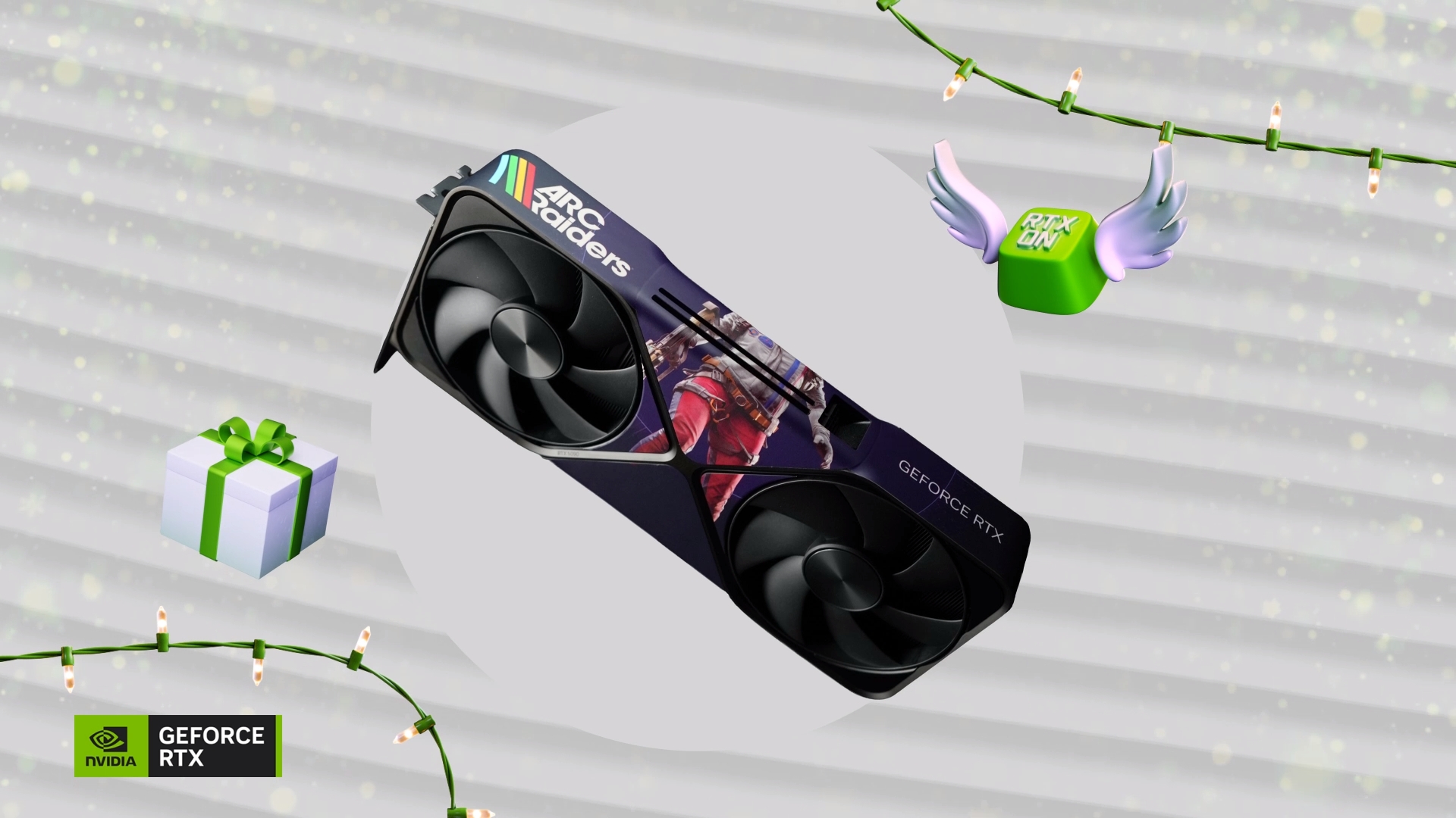 A custom NVIDIA GeForce RTX graphics card featuring 'ARC Raiders' artwork is surrounded by holiday decorations, including a gift box and string lights, with the 'RTX ON' symbol.