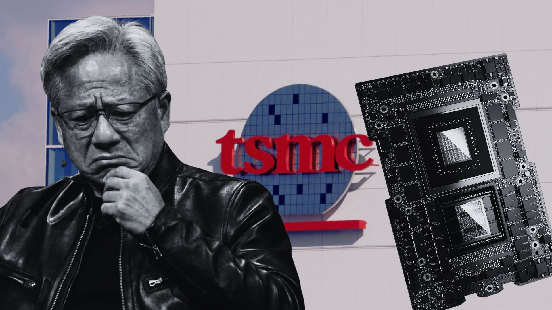 A person in a leather jacket appears deep in thought next to a large semiconductor chip, with the TSMC logo prominently displayed in the background.