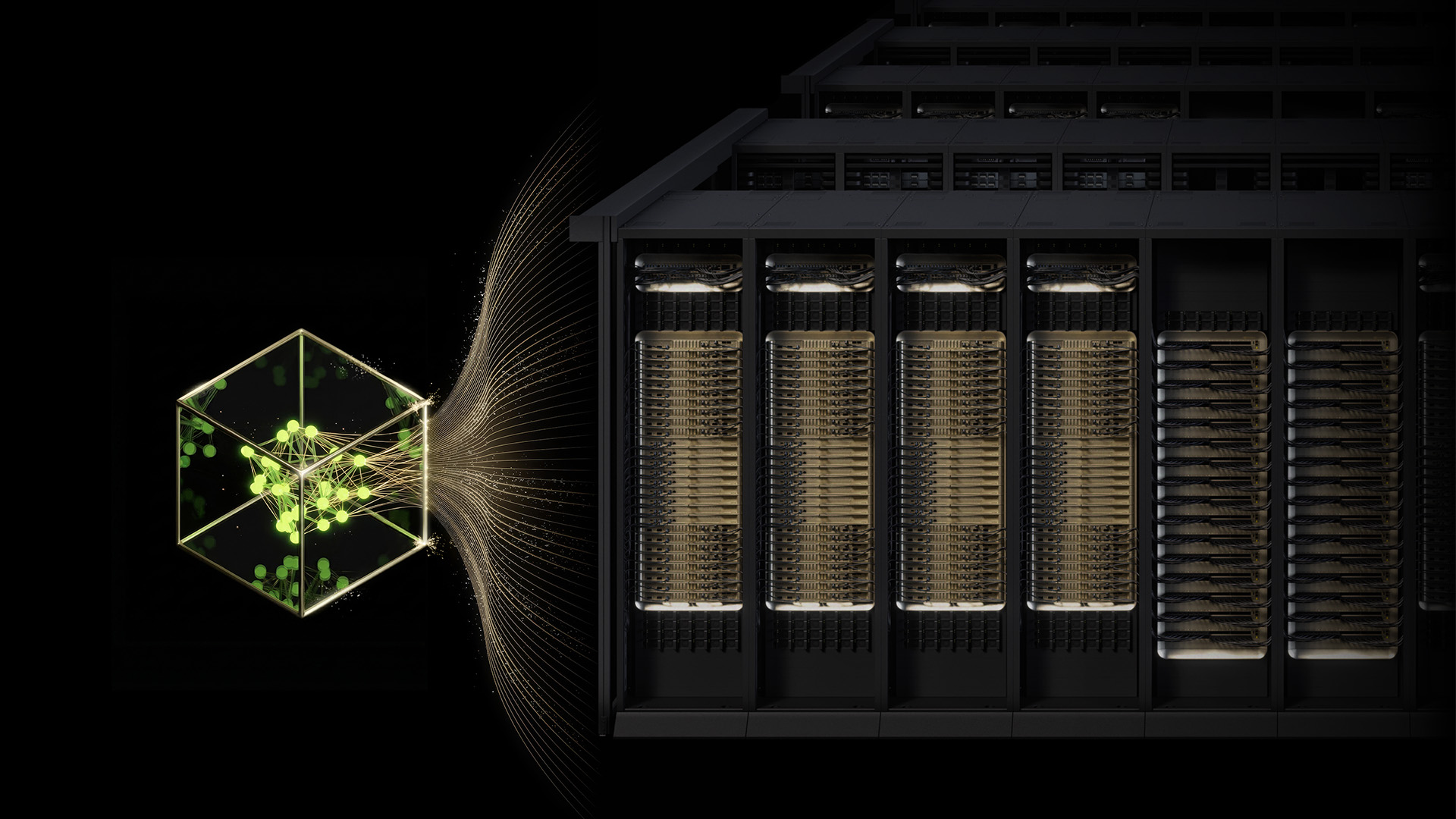 A server rack filled with NVIDIA GPUs is connected to a digital representation of a neural network.