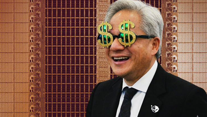 A man wearing dollar sign glasses in front of a semiconductor wafer background.