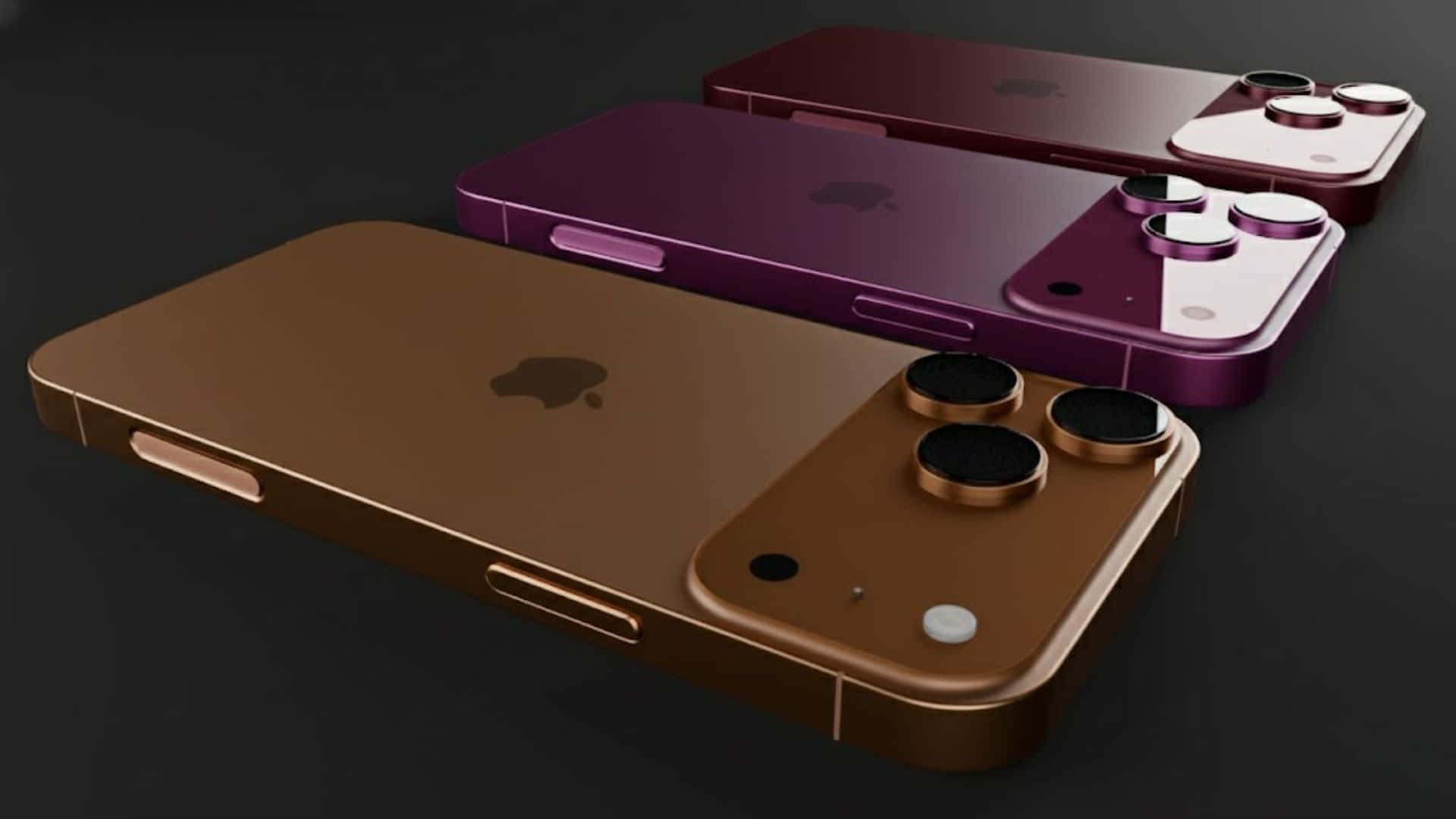 Three iPhones in bronze and purple colors, featuring triple rear cameras, laid flat with the Apple logo visible on their back panels.